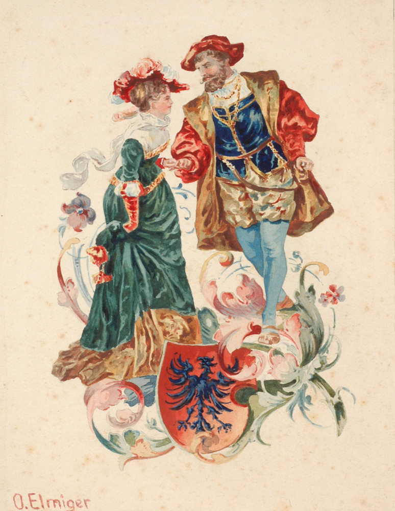 A Couple With A Crest, (Swiss, 19th Century, Watercolor) by O. Elmiger